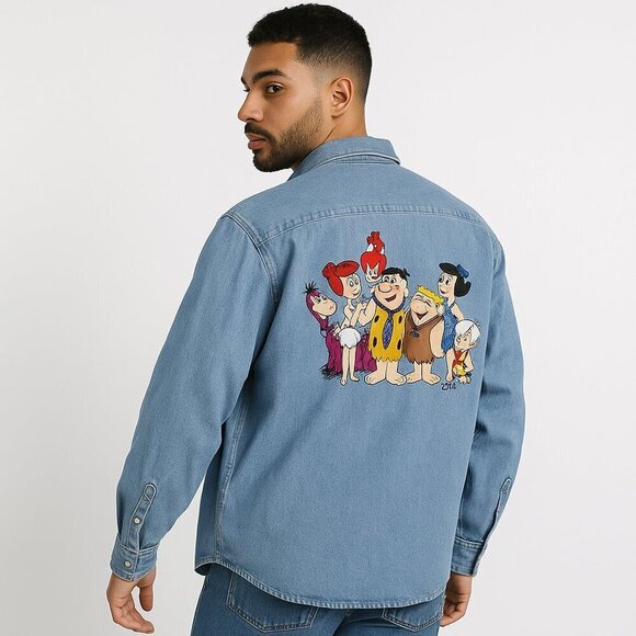 The Flintstones Other - Blitzz Studios Denim Shirt, Flintstones Back Embroidery (L) Light Wash, Retro